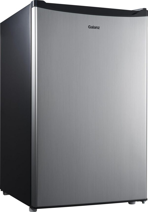 Galanz 4.3 Cu ft Single Door Mini Fridge, Stainless Steel Look, New, Width 19.12