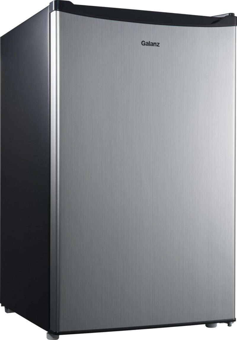 Galanz 4.3 Cu ft Single Door Mini Fridge, Stainless Steel Look, New, Width 19.12