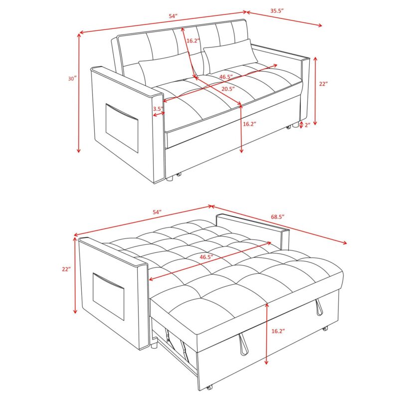 Gewnee 54  Modern Convertible Velvet Futon Sofa Bed,Sleeper Loveseat with Adjsutable Backrest For Living,Office - Image 7