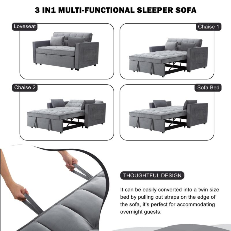 Gewnee 54  Modern Convertible Velvet Futon Sofa Bed,Sleeper Loveseat with Adjsutable Backrest For Living,Office - Image 11