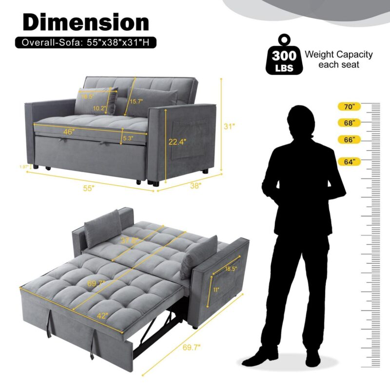 Gewnee 54  Modern Convertible Velvet Futon Sofa Bed,Sleeper Loveseat with Adjsutable Backrest For Living,Office - Image 8