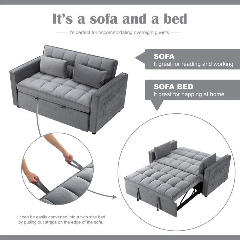 Gewnee 55a Pull Out Couch 2-Seater Sleeper Loveseat, 3-in-1 Reclining Sofa Bed, Futon Adjustable Backrest with Pillows, Pockets, Couch for Living Room Apartment Lounge - Image 19