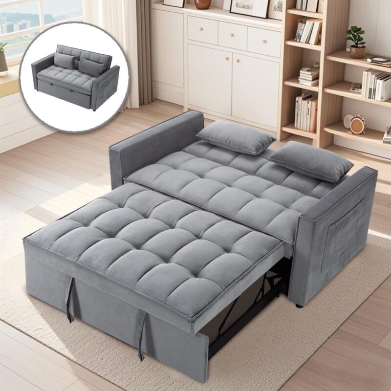 Gewnee 55a Pull Out Couch 2-Seater Sleeper Loveseat, 3-in-1 Reclining Sofa Bed, Futon Adjustable Backrest with Pillows, Pockets, Couch for Living Room Apartment Lounge