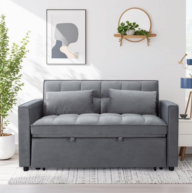 Gewnee 55a Pull Out Couch 2-Seater Sleeper Loveseat, 3-in-1 Reclining Sofa Bed, Futon Adjustable Backrest with Pillows, Pockets, Couch for Living Room Apartment Lounge - Image 2