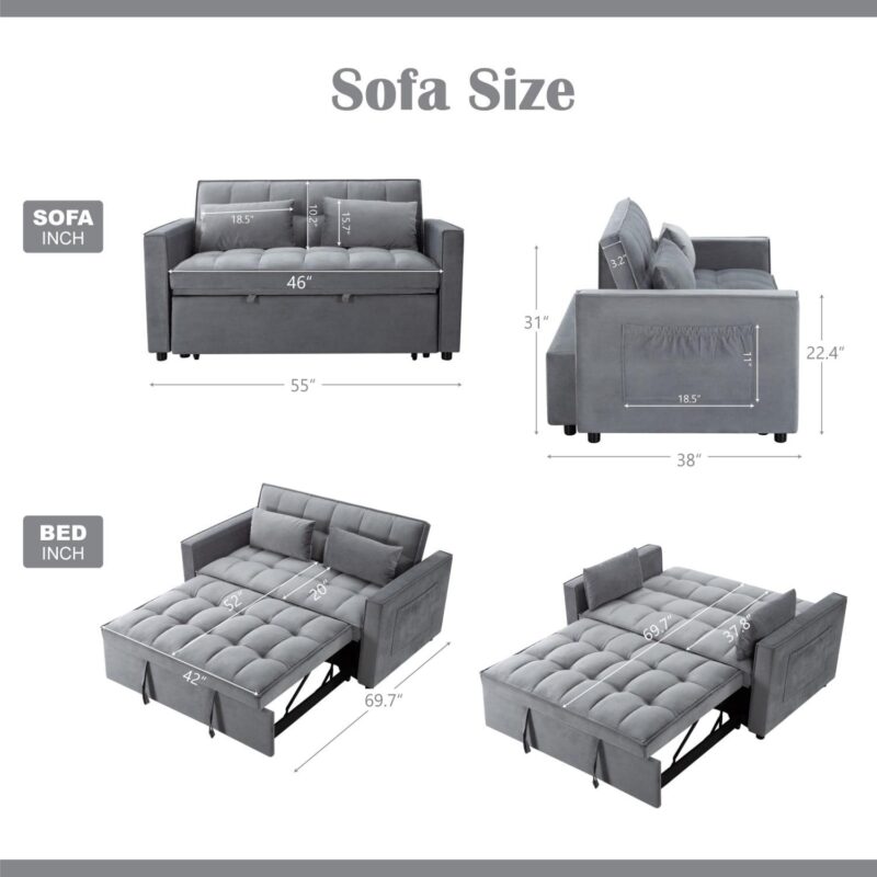 Gewnee 55a Pull Out Couch 2-Seater Sleeper Loveseat, 3-in-1 Reclining Sofa Bed, Futon Adjustable Backrest with Pillows, Pockets, Couch for Living Room Apartment Lounge - Image 17