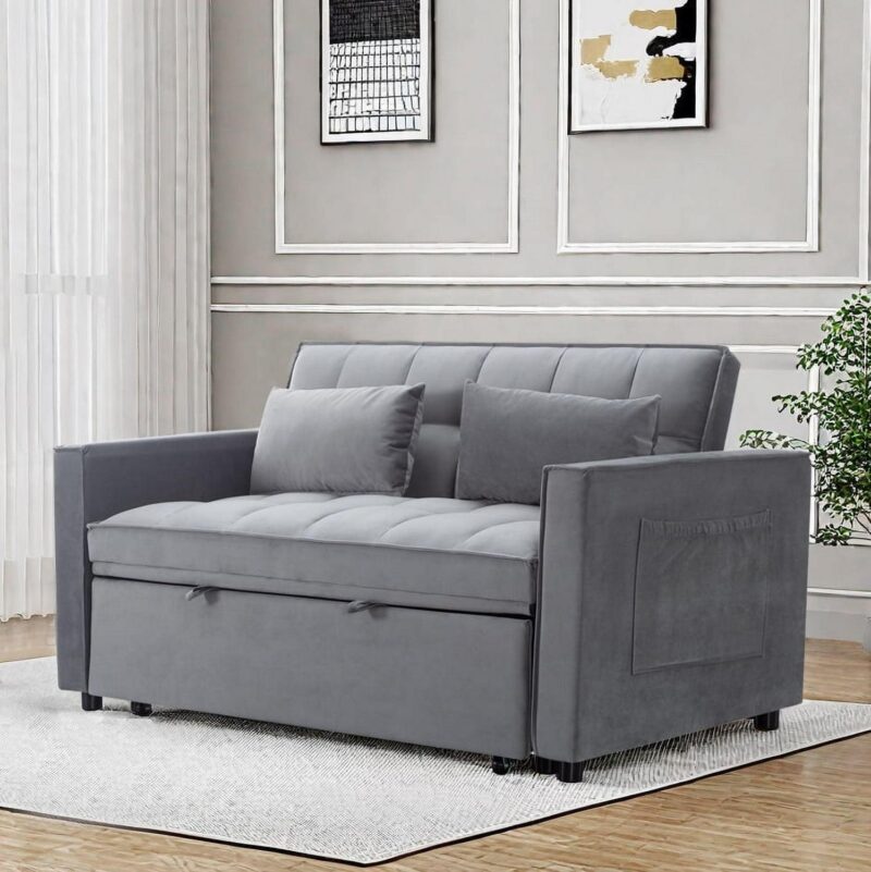 Gewnee 55a Pull Out Couch 2-Seater Sleeper Loveseat, 3-in-1 Reclining Sofa Bed, Futon Adjustable Backrest with Pillows, Pockets, Couch for Living Room Apartment Lounge - Image 3