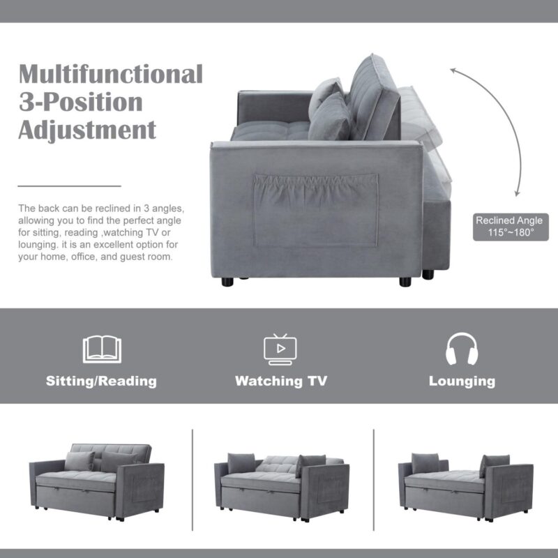 Gewnee 55a Pull Out Couch 2-Seater Sleeper Loveseat, 3-in-1 Reclining Sofa Bed, Futon Adjustable Backrest with Pillows, Pockets, Couch for Living Room Apartment Lounge - Image 20
