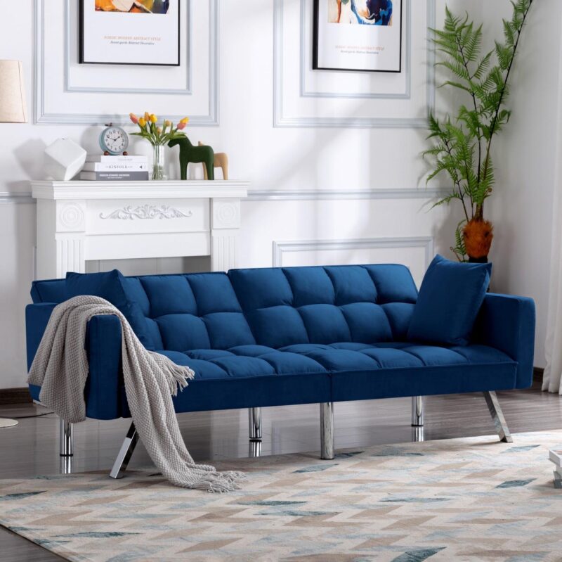 Gewnee 74 Velvet Upholstered Modern Convertible Futon, Adjustable Folding Sofa Bed, Guest Bed for Living Room Bedroom (Navy Blue) - Image 3