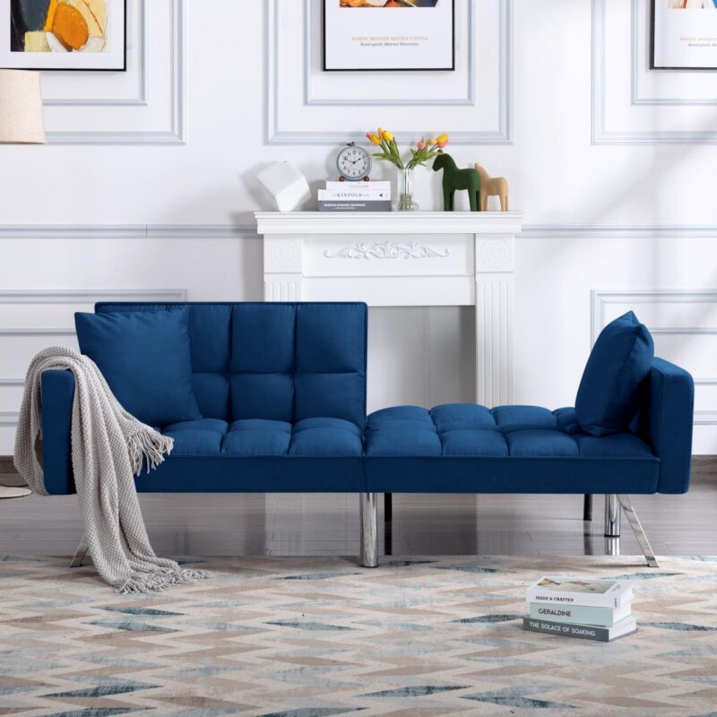 Gewnee 74 Velvet Upholstered Modern Convertible Futon, Adjustable Folding Sofa Bed, Guest Bed for Living Room Bedroom (Navy Blue) - Image 17