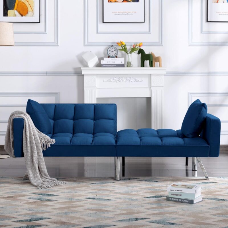 Gewnee 74 Velvet Upholstered Modern Convertible Futon, Adjustable Folding Sofa Bed, Guest Bed for Living Room Bedroom (Navy Blue) - Image 8