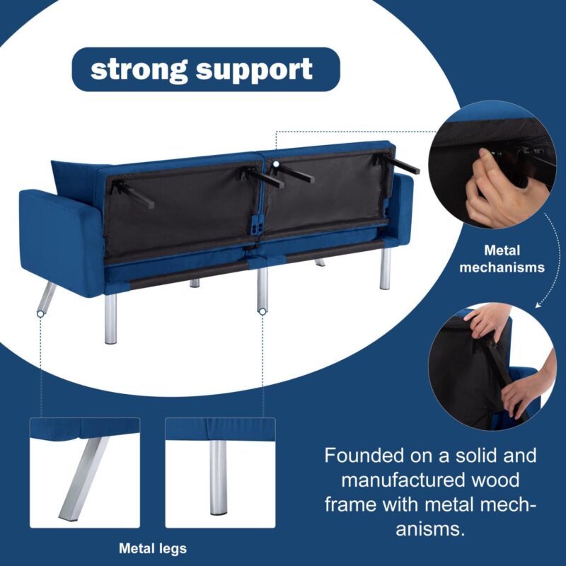 Gewnee 74 Velvet Upholstered Modern Convertible Futon, Adjustable Folding Sofa Bed, Guest Bed for Living Room Bedroom (Navy Blue) - Image 16