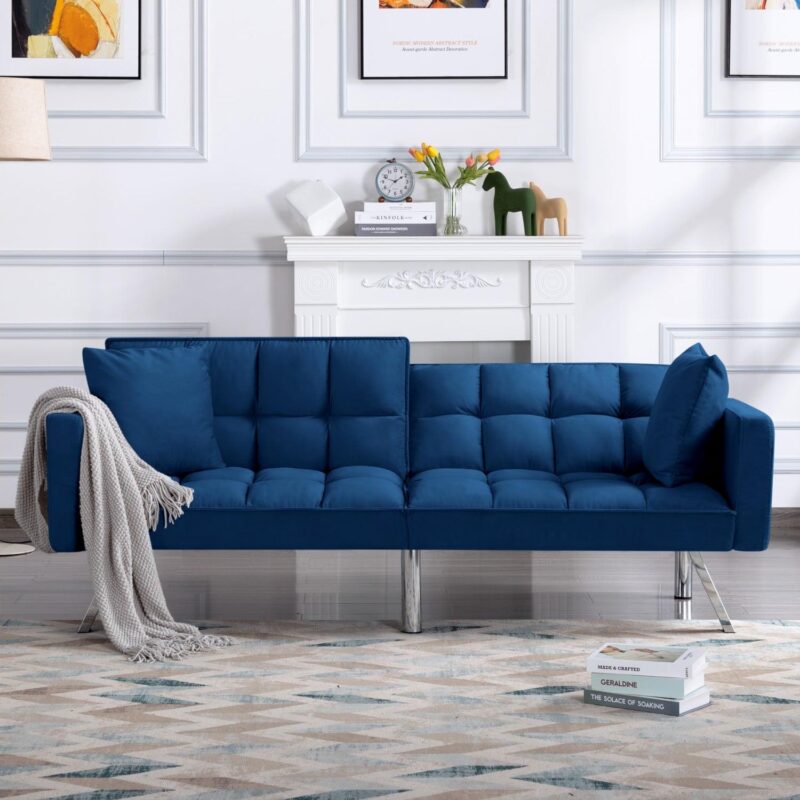 Gewnee 74 Velvet Upholstered Modern Convertible Futon, Adjustable Folding Sofa Bed, Guest Bed for Living Room Bedroom (Navy Blue) - Image 6