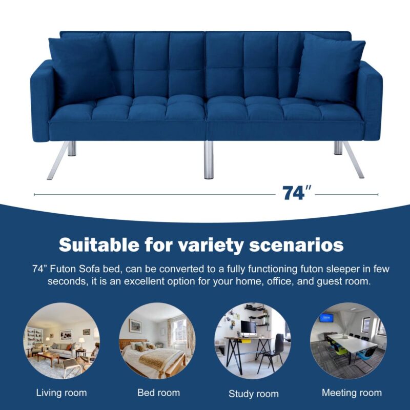 Gewnee 74 Velvet Upholstered Modern Convertible Futon, Adjustable Folding Sofa Bed, Guest Bed for Living Room Bedroom (Navy Blue) - Image 13