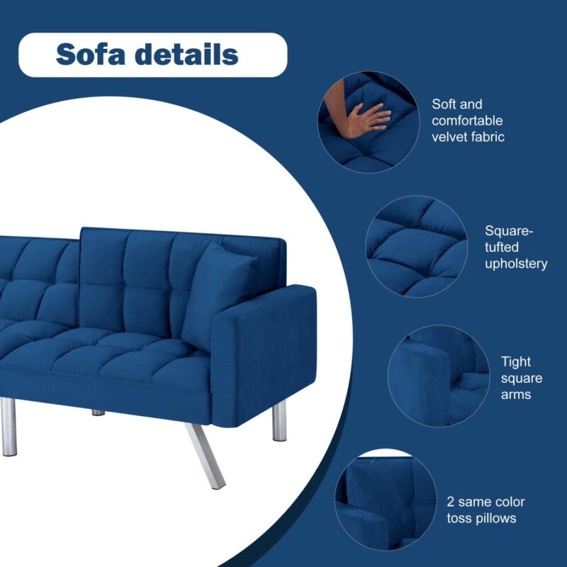 Gewnee 74 Velvet Upholstered Modern Convertible Futon, Adjustable Folding Sofa Bed, Guest Bed for Living Room Bedroom (Navy Blue) - Image 14