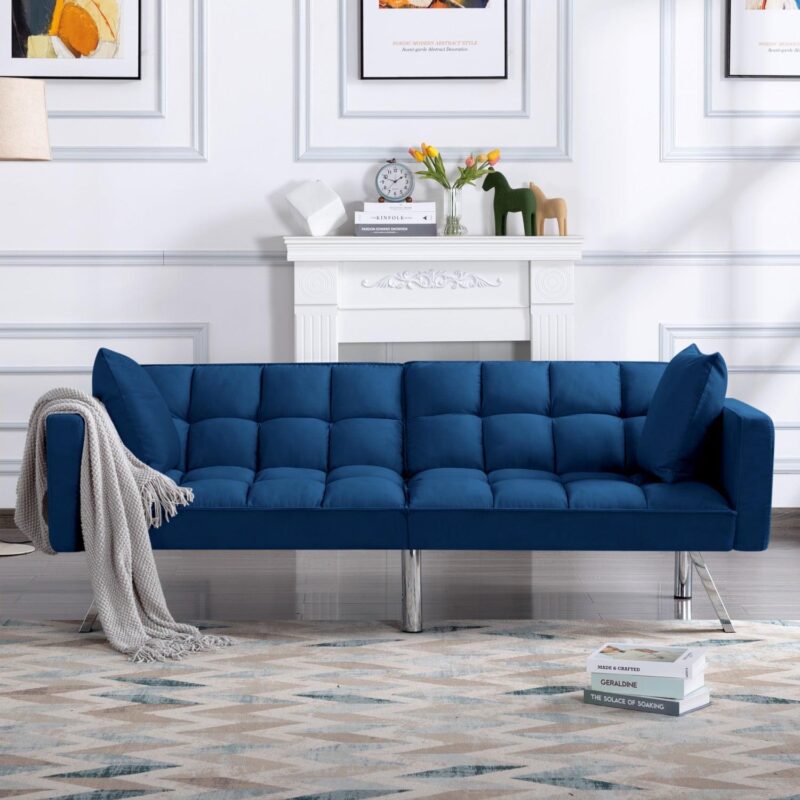 Gewnee 74 Velvet Upholstered Modern Convertible Futon, Adjustable Folding Sofa Bed, Guest Bed for Living Room Bedroom (Navy Blue) - Image 2