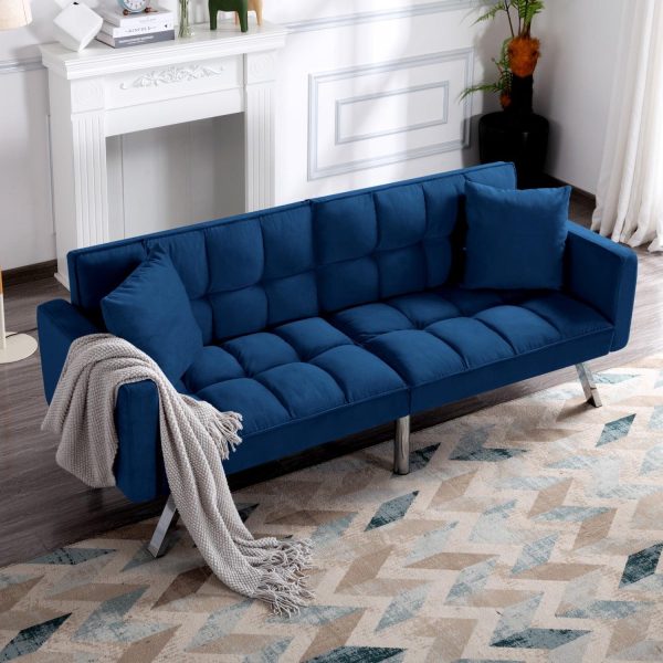 Gewnee 74 Velvet Upholstered Modern Convertible Futon, Adjustable Folding Sofa Bed, Guest Bed for Living Room Bedroom (Navy Blue)