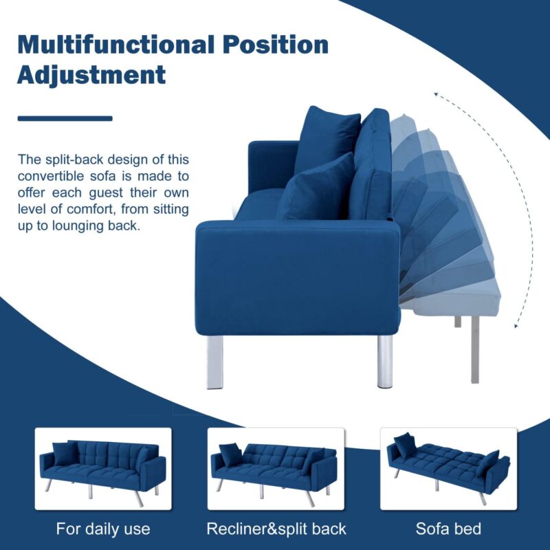 Gewnee 74 Velvet Upholstered Modern Convertible Futon, Adjustable Folding Sofa Bed, Guest Bed for Living Room Bedroom (Navy Blue) - Image 10