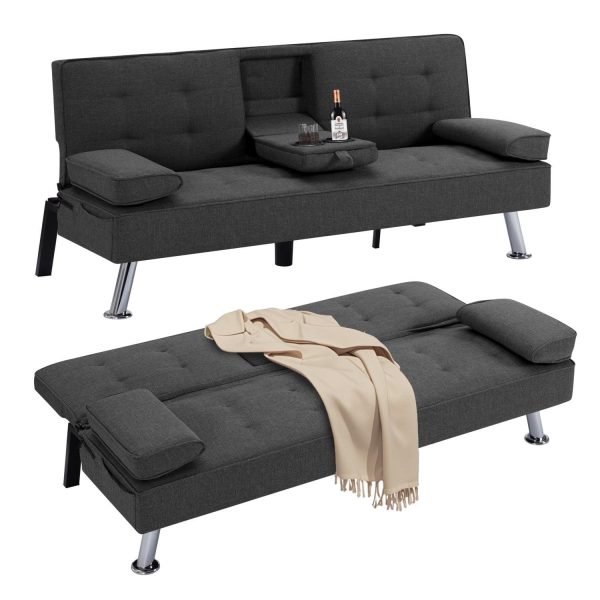 Gewnee Futon Sleeper Sofa Bed Modern Polyester Couch Convertible Folding Recliner Living Room Furniture with 2 Cup Holders for Guest Room