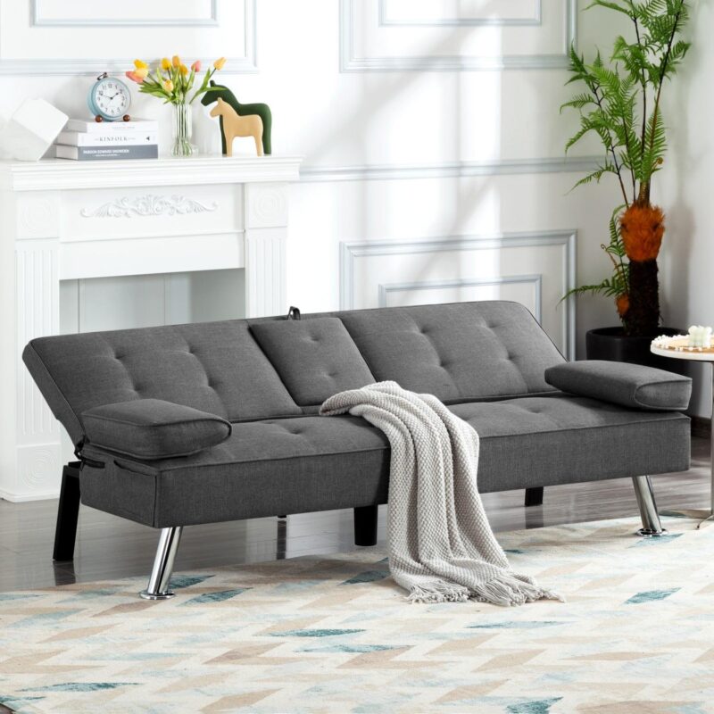 Gewnee Futon Sleeper Sofa Bed Modern Polyester Couch Convertible Folding Recliner Living Room Furniture with 2 Cup Holders for Guest Room - Image 14