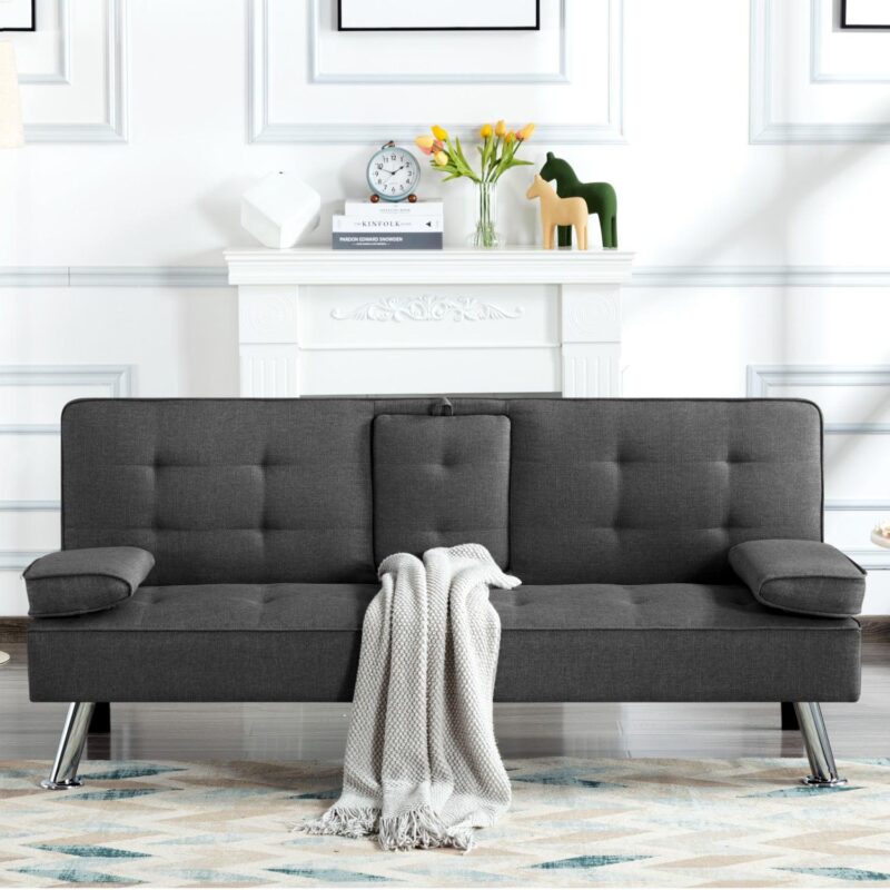 Gewnee Futon Sleeper Sofa Bed Modern Polyester Couch Convertible Folding Recliner Living Room Furniture with 2 Cup Holders for Guest Room - Image 6