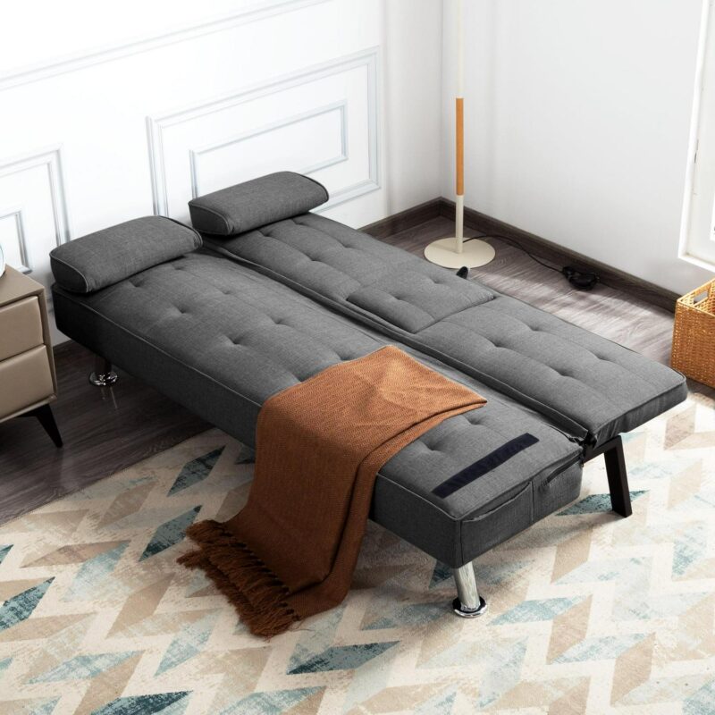 Gewnee Futon Sleeper Sofa Bed Modern Polyester Couch Convertible Folding Recliner Living Room Furniture with 2 Cup Holders for Guest Room - Image 13