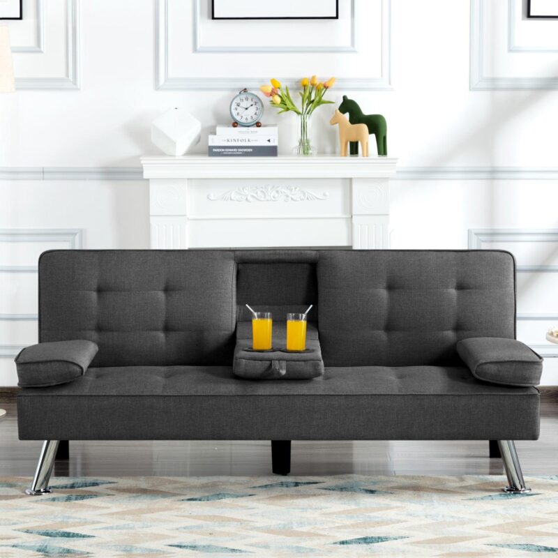 Gewnee Futon Sleeper Sofa Bed Modern Polyester Couch Convertible Folding Recliner Living Room Furniture with 2 Cup Holders for Guest Room - Image 10