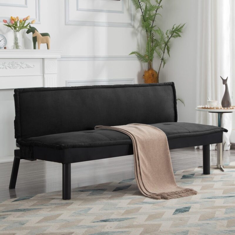 Gewnee Futon Sofa Bed,Modern Velvet Convertible Sofa Bed with 3 Adjustable Backrest Angles,Loveseat Sleeper Couch for Living Room Apartment Furniture i 1/4 Black) - Image 5