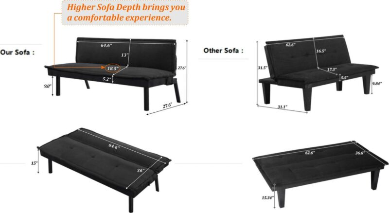 Gewnee Futon Sofa Bed,Modern Velvet Convertible Sofa Bed with 3 Adjustable Backrest Angles,Loveseat Sleeper Couch for Living Room Apartment Furniture i 1/4 Black) - Image 18
