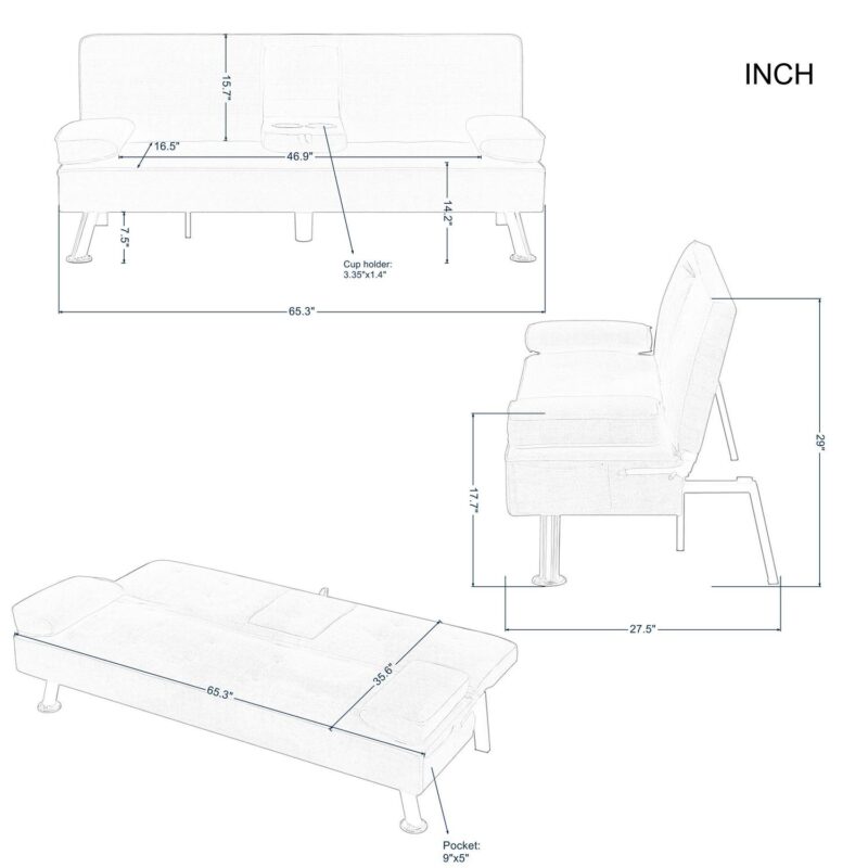 Gewnee Modern Futon Sleeper Sofa Bed Convertible Folding Recliner Couch Furniture with 2 Cup Holders for Livin g Room - Image 15