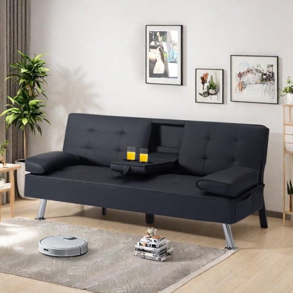 Gewnee Modern Futon Sleeper Sofa Bed Convertible Folding Recliner Couch Furniture with 2 Cup Holders for Livin g Room