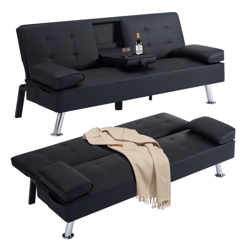 Gewnee Modern Futon Sleeper Sofa Bed Convertible Folding Recliner Couch Furniture with 2 Cup Holders for Livin g Room - Image 4