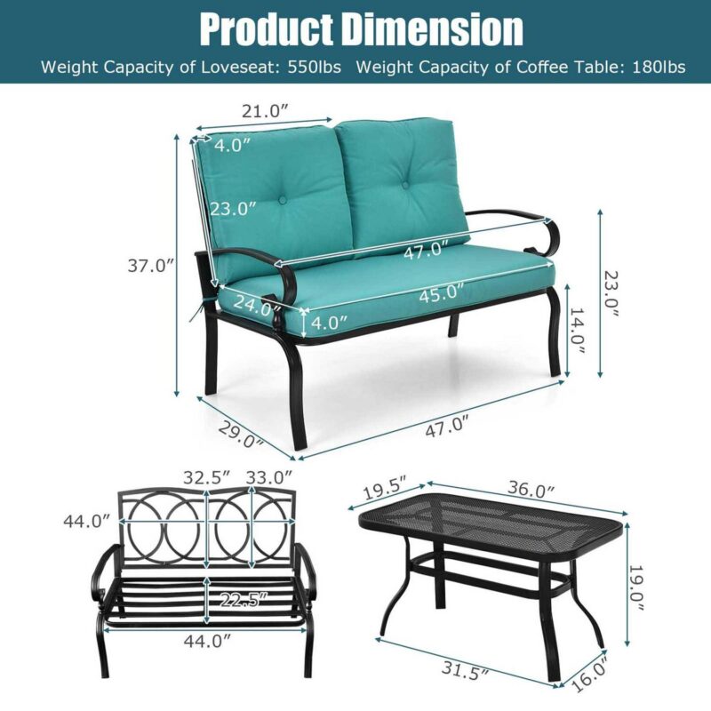 Gymax 2PCS Patio Loveseat and Table Set Conversation Sofa Set w/ Turquoise Cushions - Image 3