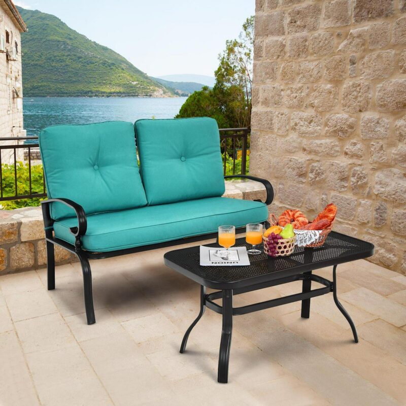 Gymax 2PCS Patio Loveseat and Table Set Conversation Sofa Set w/ Turquoise Cushions - Image 9