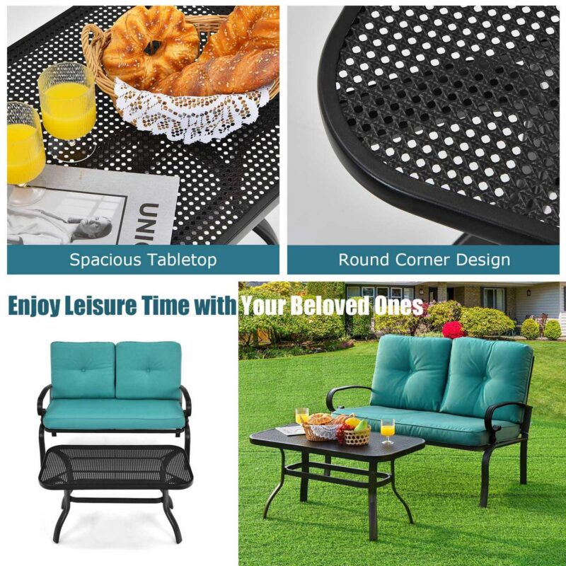 Gymax 2PCS Patio Loveseat and Table Set Conversation Sofa Set w/ Turquoise Cushions - Image 5