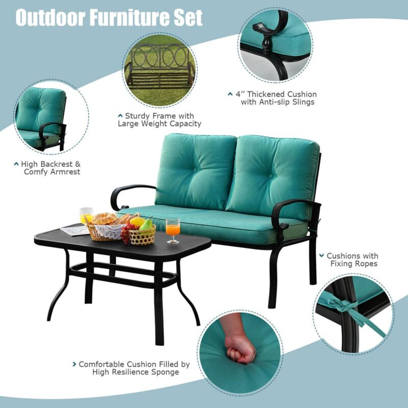 Gymax 2PCS Patio Loveseat and Table Set Conversation Sofa Set w/ Turquoise Cushions - Image 7