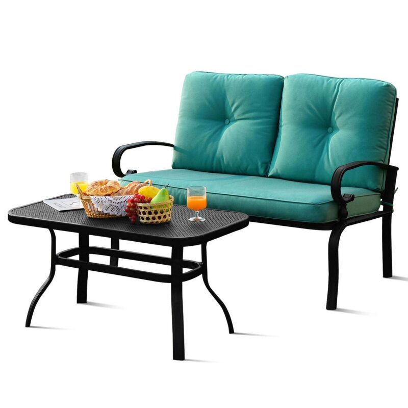 Gymax 2PCS Patio Loveseat and Table Set Conversation Sofa Set w/ Turquoise Cushions - Image 2