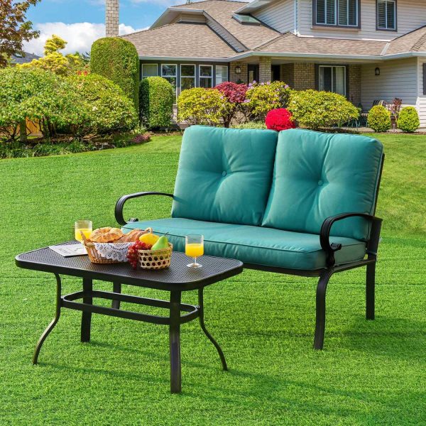 Gymax 2PCS Patio Loveseat and Table Set Conversation Sofa Set w/ Turquoise Cushions