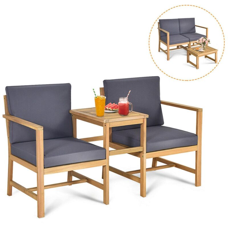 Gymax 3 in 1 Acacia Wood Furniture Set Patio Outdoor w/ Cushion Coffee Table - Image 2