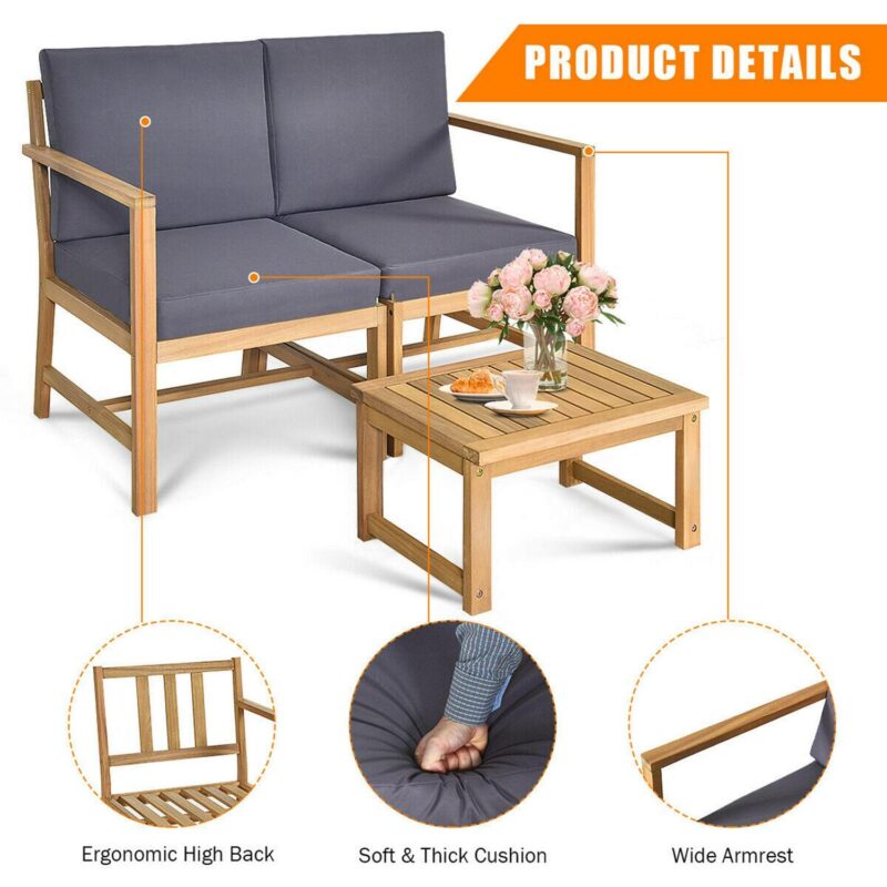 Gymax 3 in 1 Acacia Wood Furniture Set Patio Outdoor w/ Cushion Coffee Table - Image 7