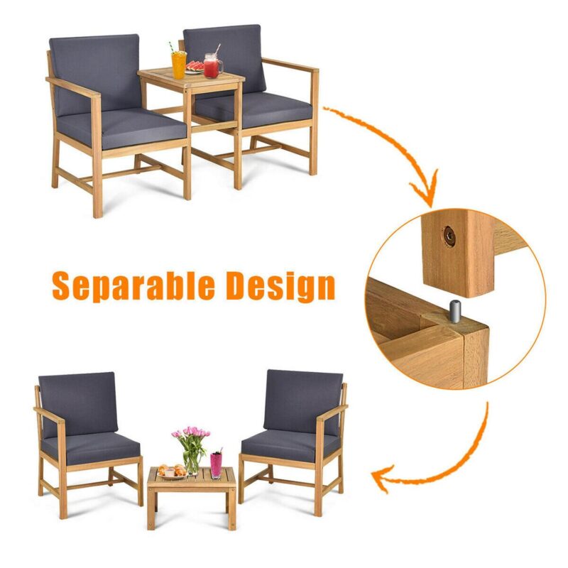 Gymax 3 in 1 Acacia Wood Furniture Set Patio Outdoor w/ Cushion Coffee Table - Image 5