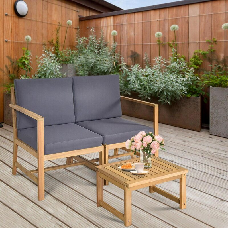 Gymax 3 in 1 Acacia Wood Furniture Set Patio Outdoor w/ Cushion Coffee Table
