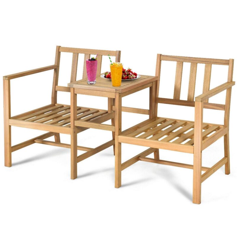 Gymax 3 in 1 Acacia Wood Furniture Set Patio Outdoor w/ Cushion Coffee Table - Image 4
