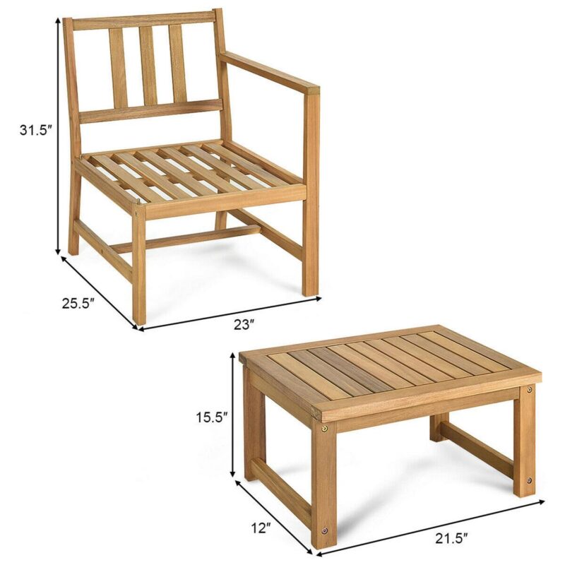 Gymax 3 in 1 Acacia Wood Furniture Set Patio Outdoor w/ Cushion Coffee Table - Image 3