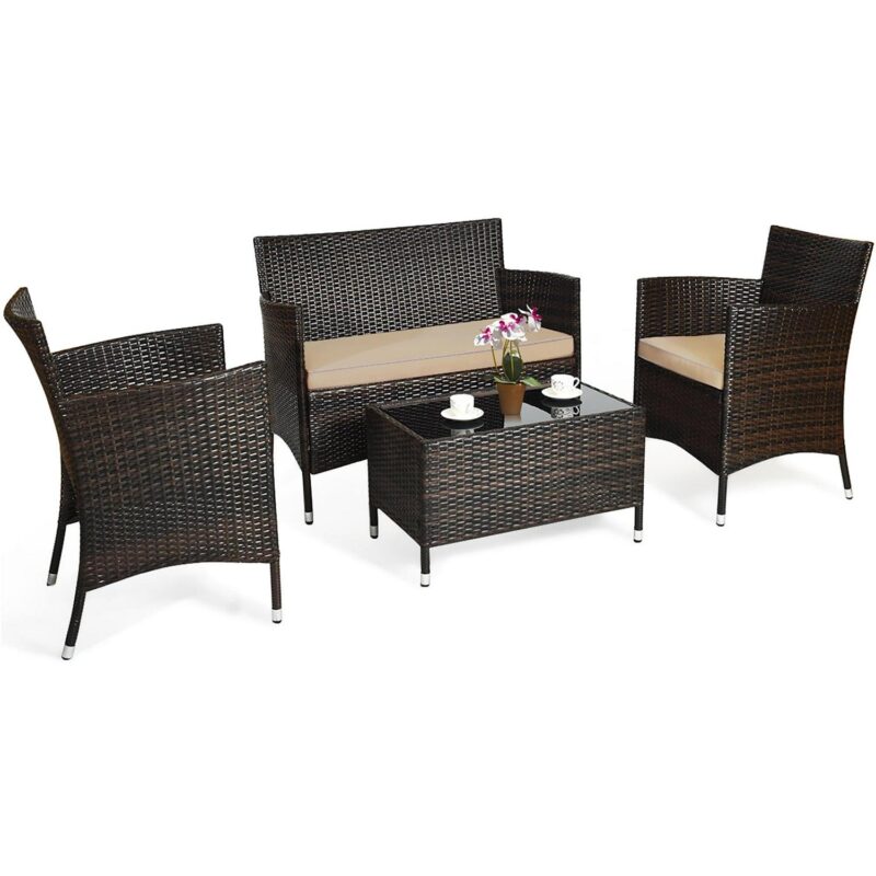Gymax 4PCS Patio Rattan Outdoor Furniture Set w/ Cushioned Chair Loveseat Table - Image 2