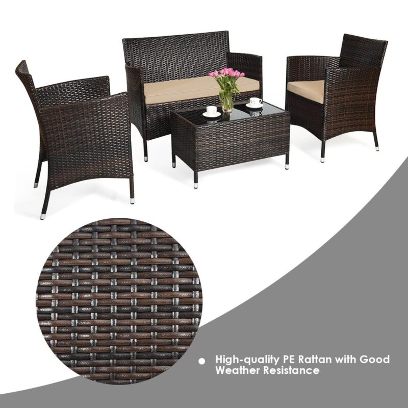 Gymax 4PCS Patio Rattan Outdoor Furniture Set w/ Cushioned Chair Loveseat Table - Image 8
