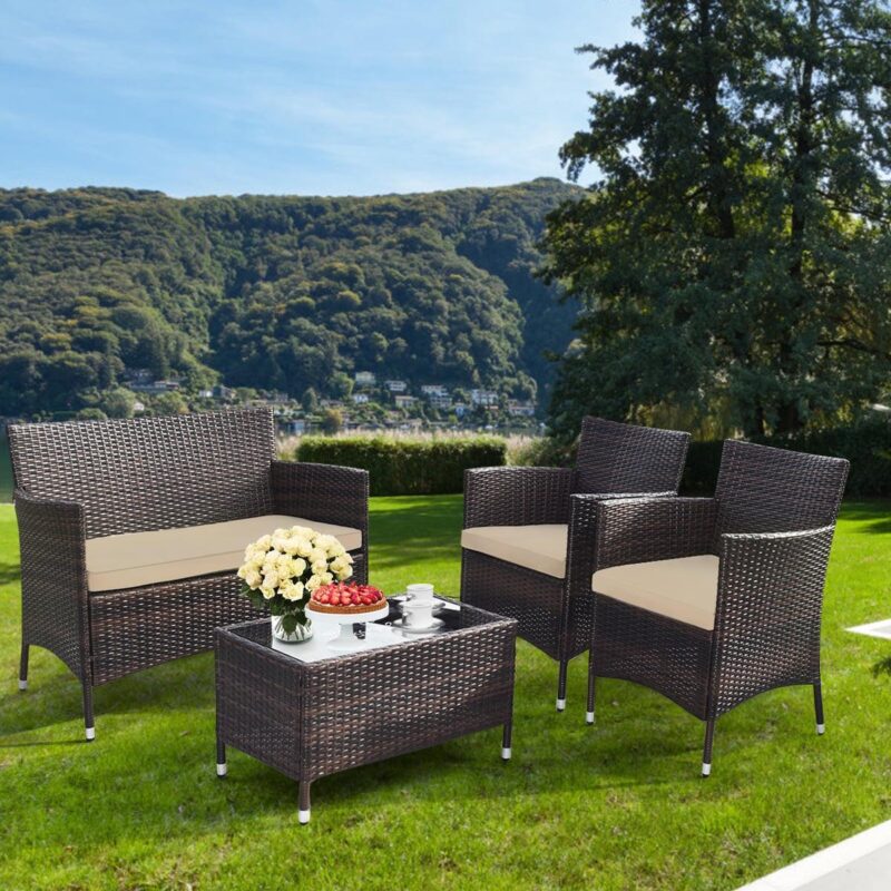 Gymax 4PCS Patio Rattan Outdoor Furniture Set w/ Cushioned Chair Loveseat Table - Image 3