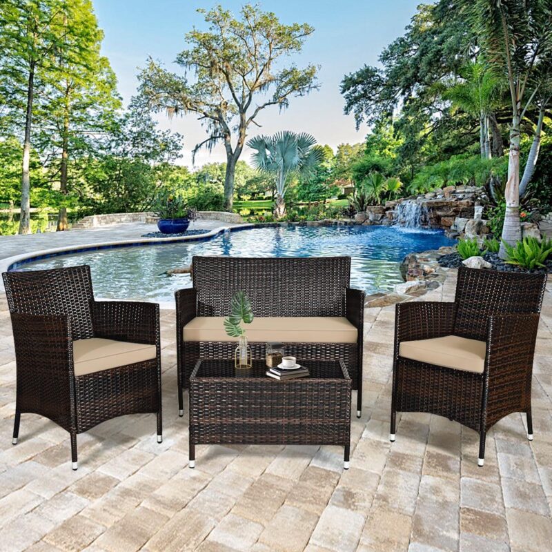 Gymax 4PCS Patio Rattan Outdoor Furniture Set w/ Cushioned Chair Loveseat Table - Image 4