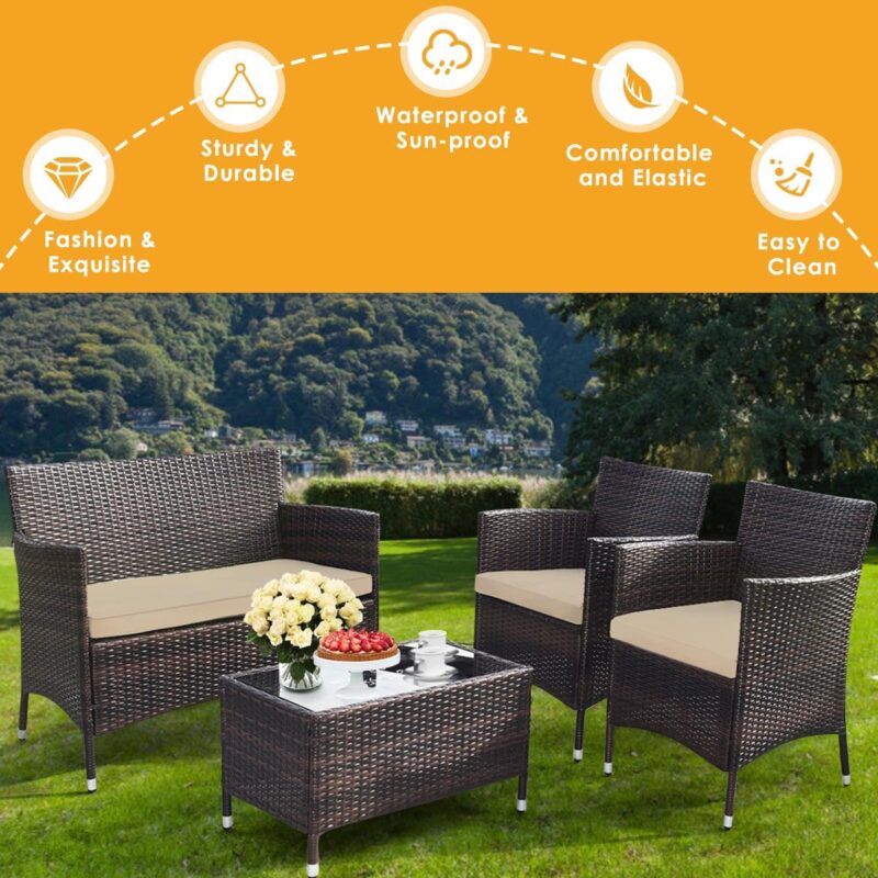 Gymax 4PCS Patio Rattan Outdoor Furniture Set w/ Cushioned Chair Loveseat Table - Image 6