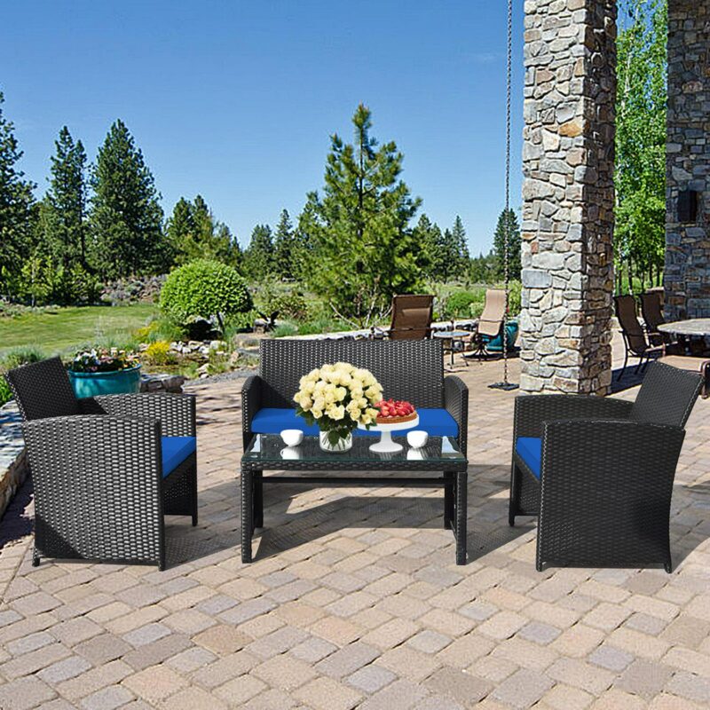 Gymax 4PCS Rattan Outdoor Conversation Set Patio Furniture Set w/ Navy Cushions - Image 10