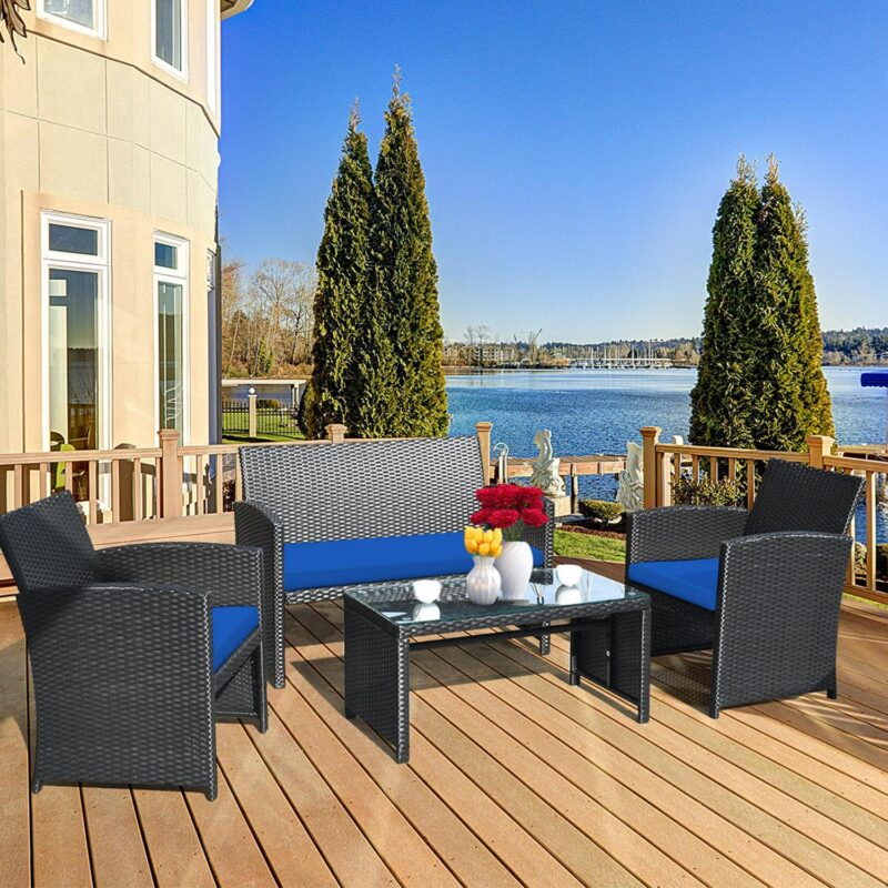 Gymax 4PCS Rattan Outdoor Conversation Set Patio Furniture Set w/ Navy Cushions - Image 4